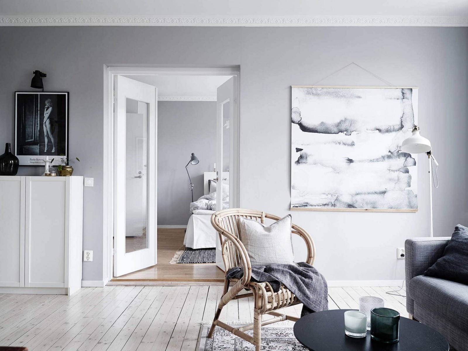Scandinavian living room with a poster
