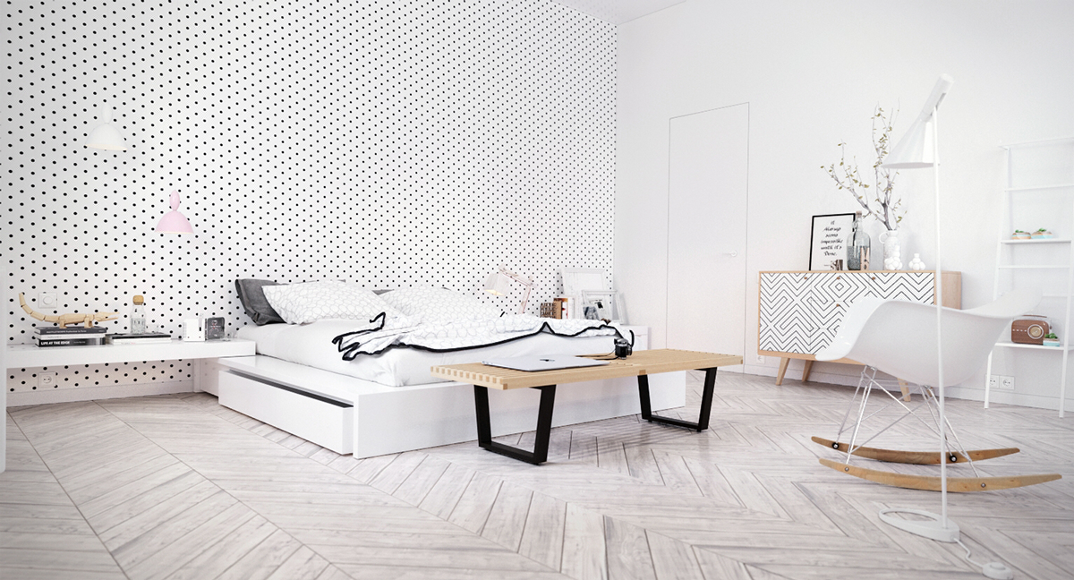 Camera da letto bianca e legno