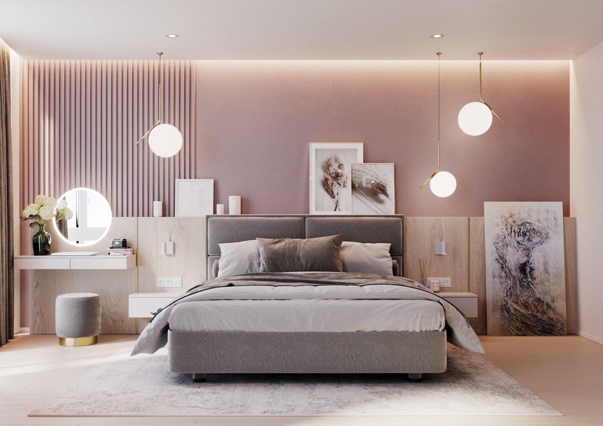 Un dormitorio de color rosa claro