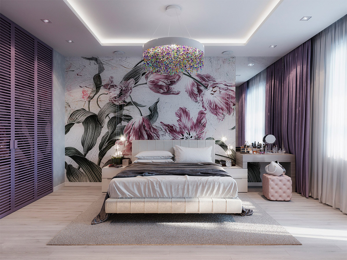 Dormitorio de color púrpura con motivos florales