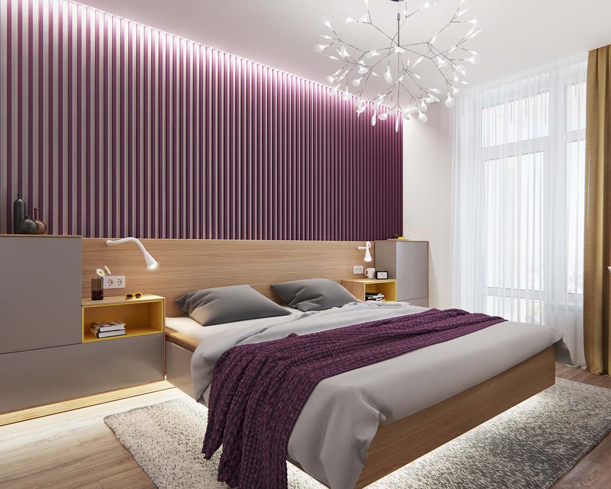 El púrpura destaca los colores del dormitorio