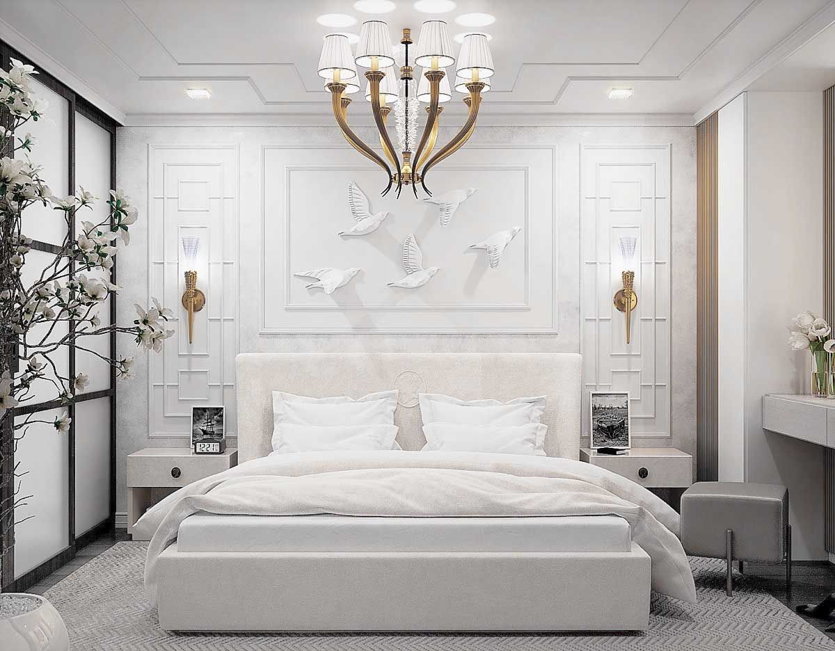 Elegancka biała sypialnia w stylu glamour