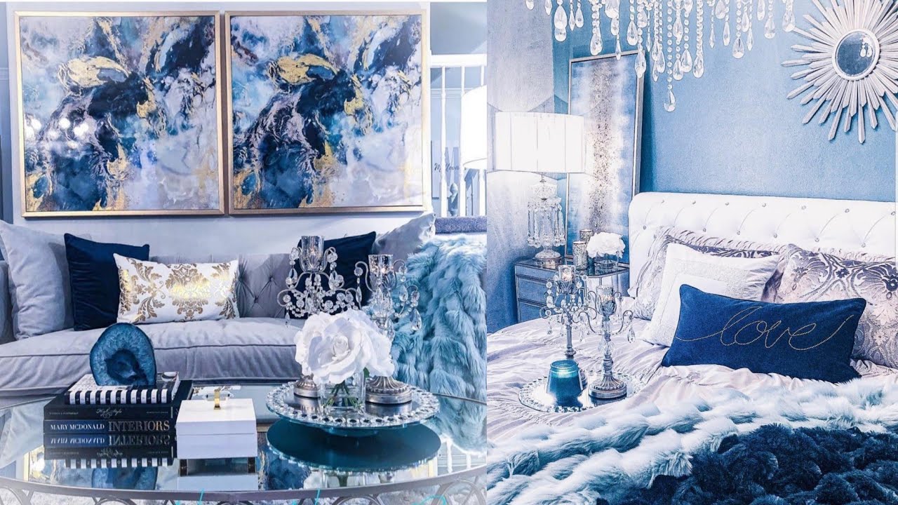 Camera da letto blu scuro con elementi d'argento