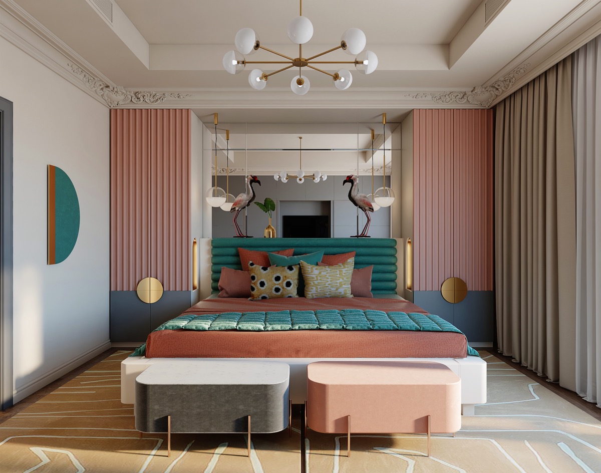 Idee per il colore della camera da letto - turchese e corallo