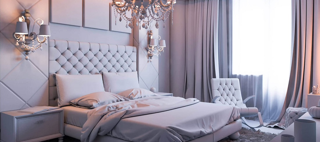 Sypialnia glamour- jasny szary i fioletowy pastelowy