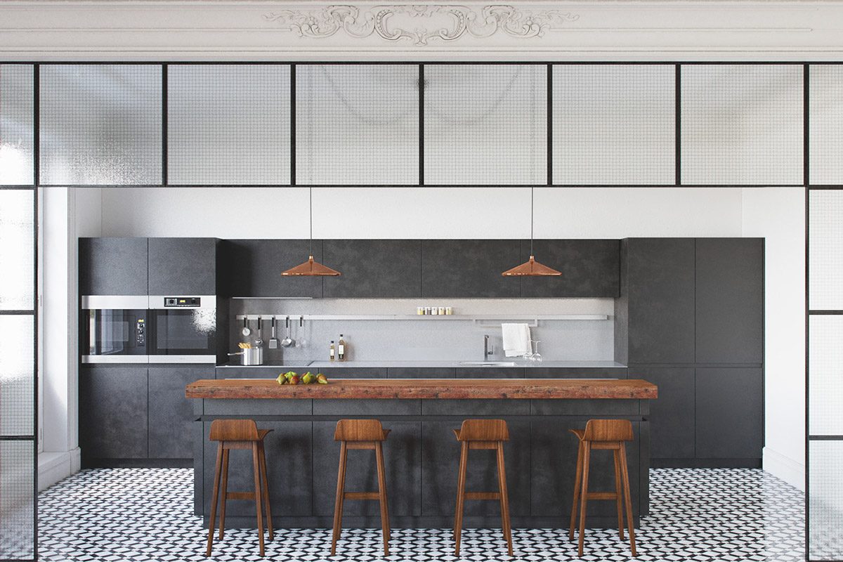 A trendy kitchen – grey with wooden counter