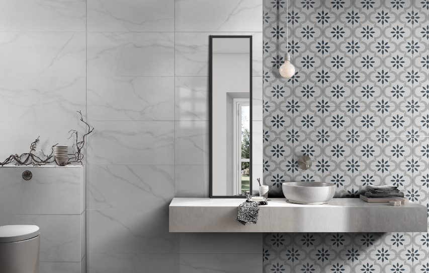 Grey bathroom - floral tiles