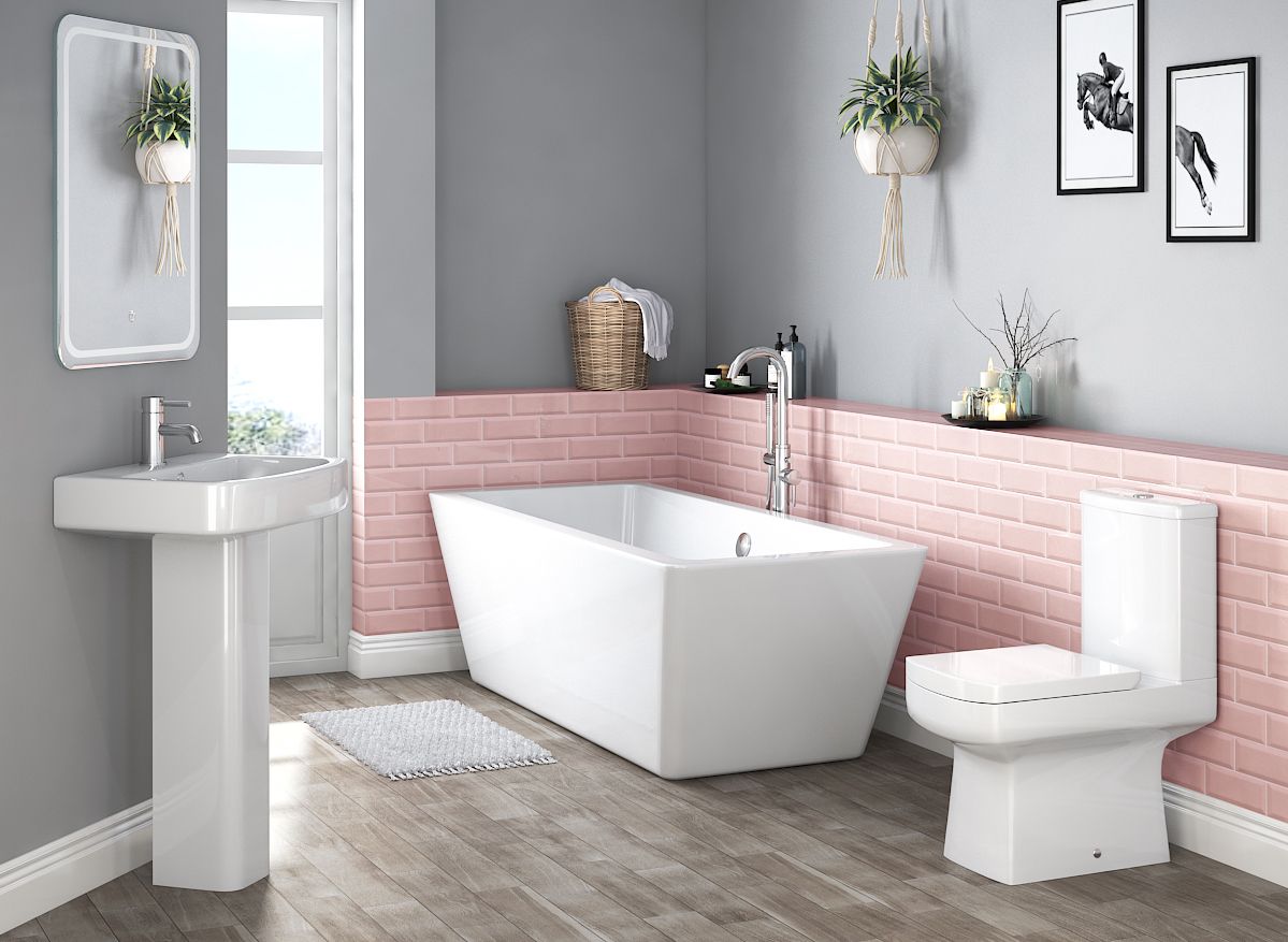 Graues Badezimmer mit rosa Fliesen