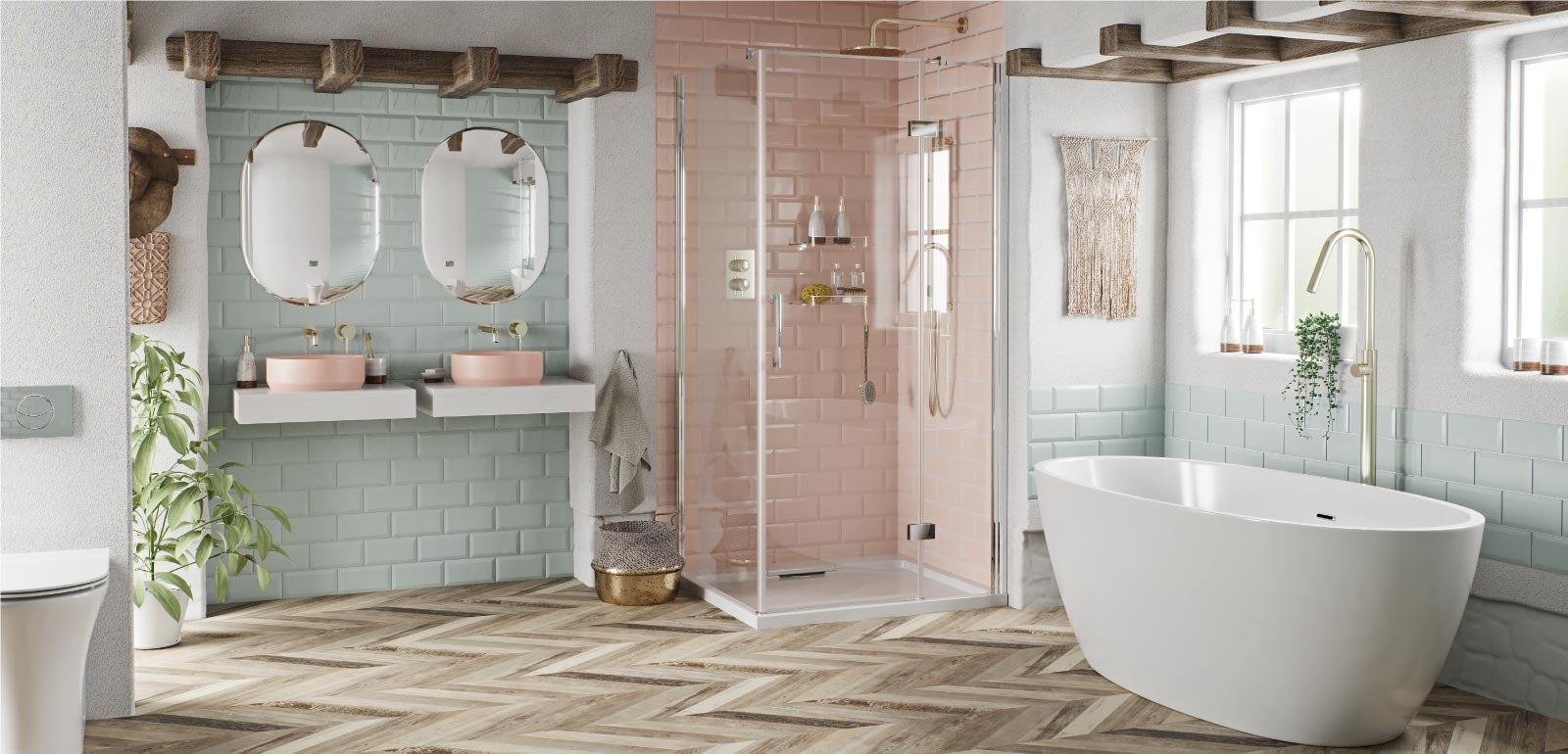 A feminine bathroom with a little bit of pink