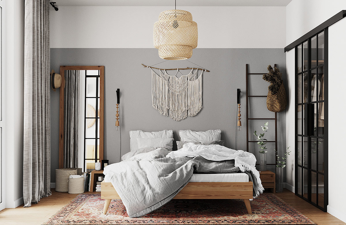 Bohemian bedroom decor - choose grey, blue or green