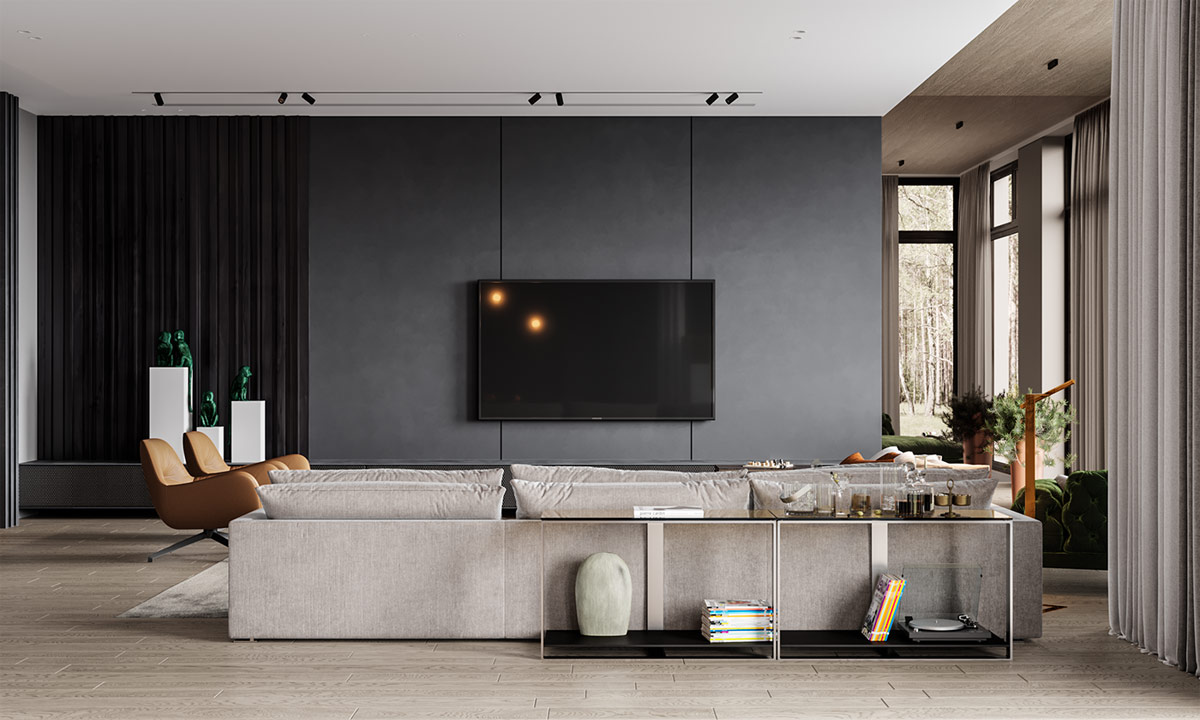 Ein modernes und minimalistisches graues Wohnzimmer