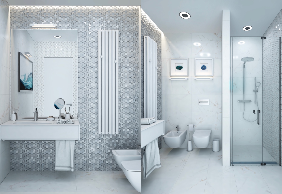 Intéressante salle de bains blanche et grise