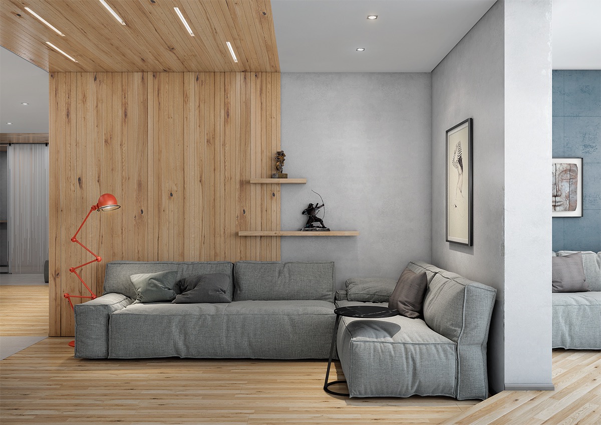 A grey living room with wood