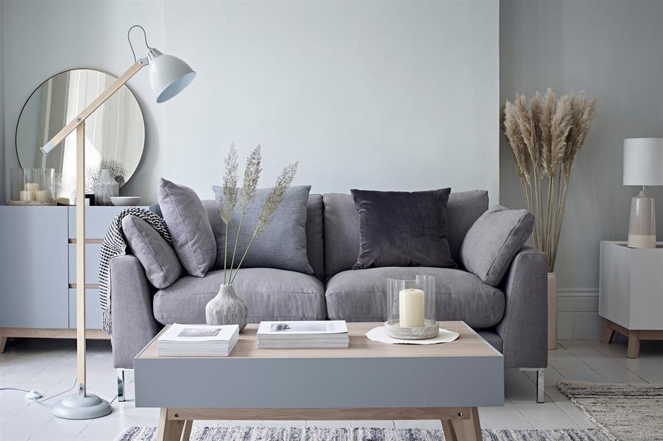 Grey and white living room with romantic decorations