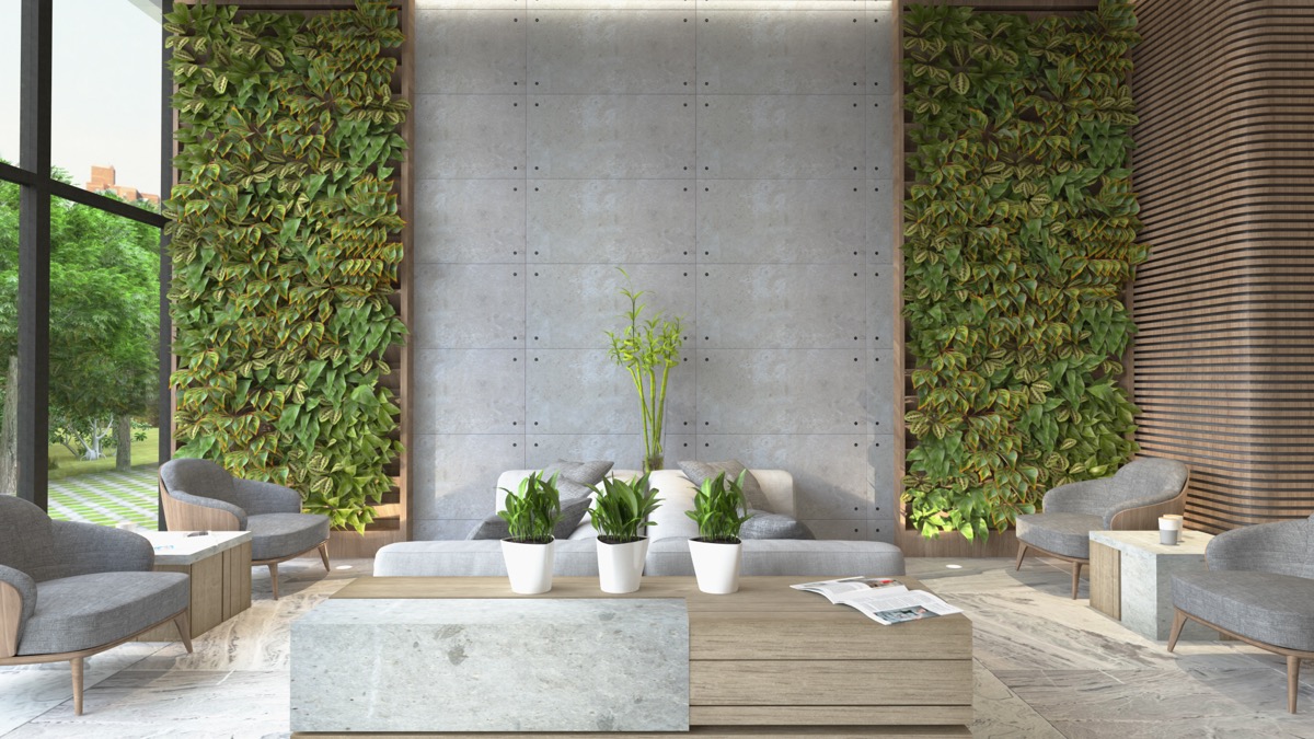 Grey living room plant wall