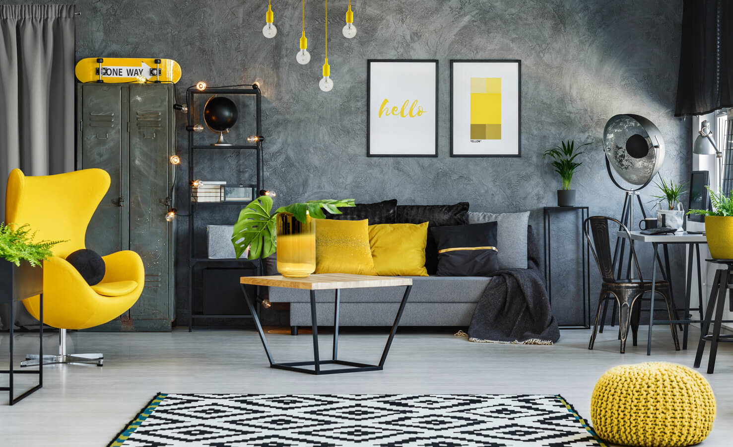 Colores de moda para las habitaciones - gris y amarillo