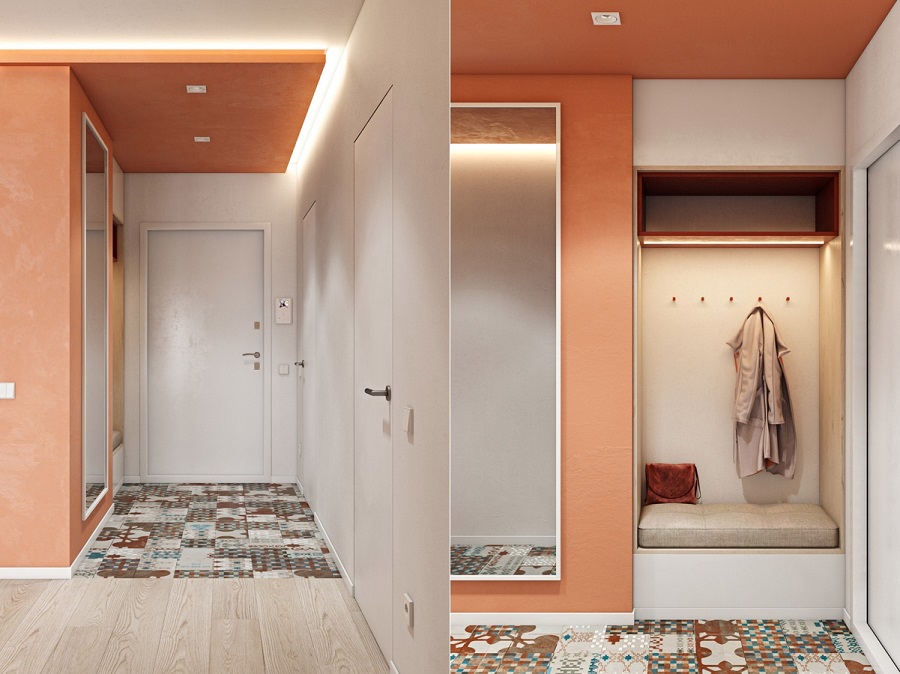 Idées de niches murales - un couloir avec un porte-manteau et un siège