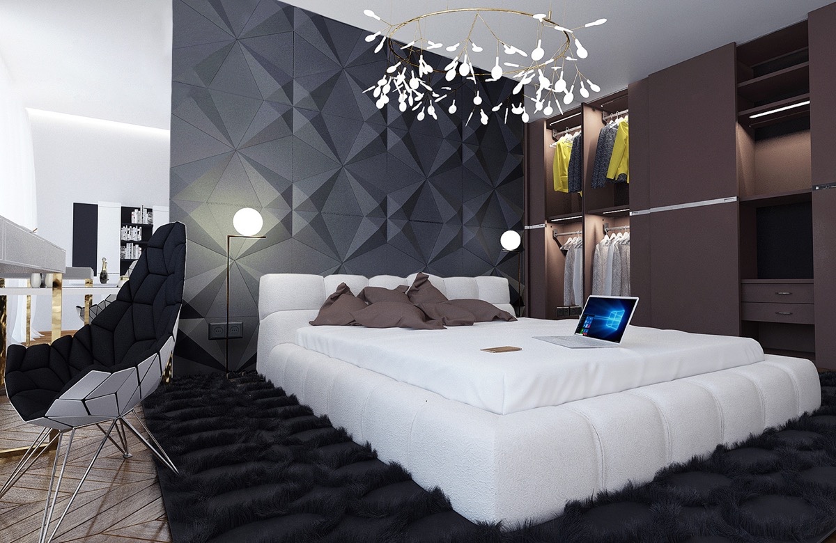 Dormitorio principal moderno: una combinación de negro, gris y marrón