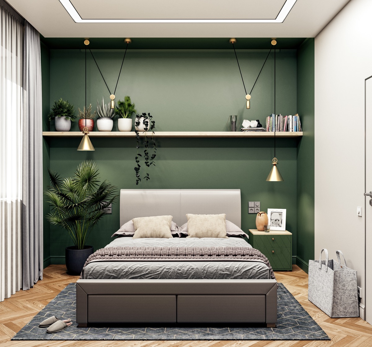 Zielona sypialnia - drewniana podłoga